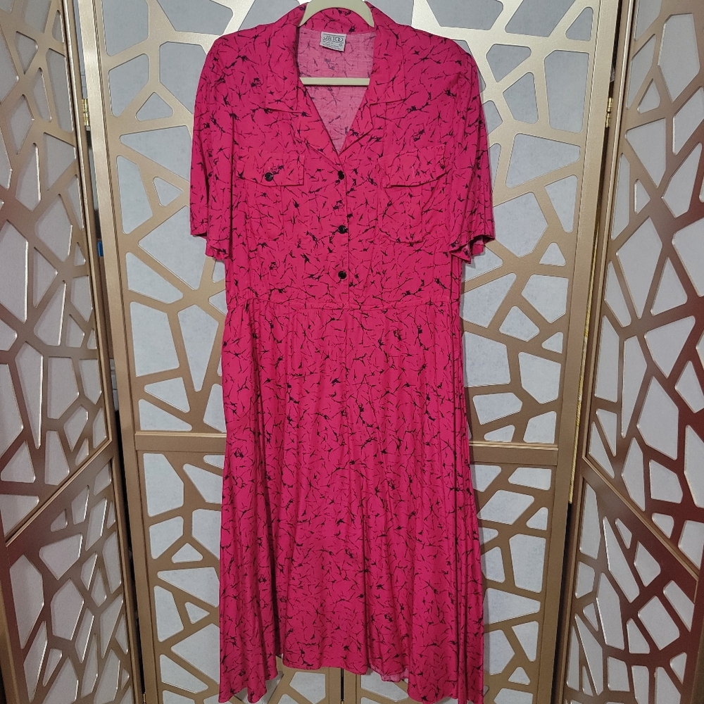 VTG JB TOO Hot Pink & Black Print Shirt Dress With Pockets
